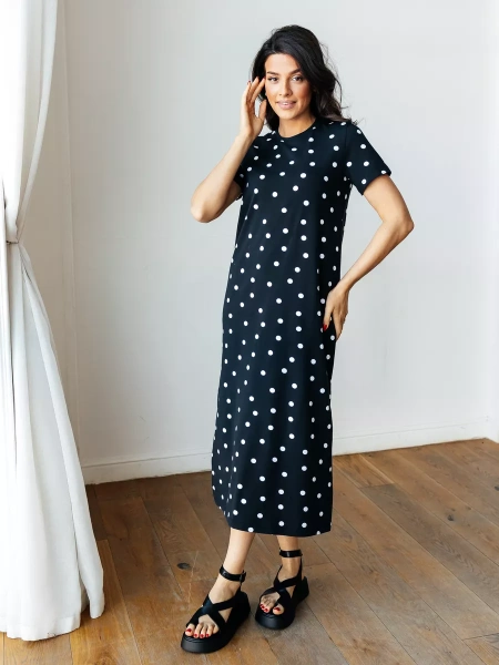 Платье женское трикотажное в горошек длинное хлопок ПЛК609