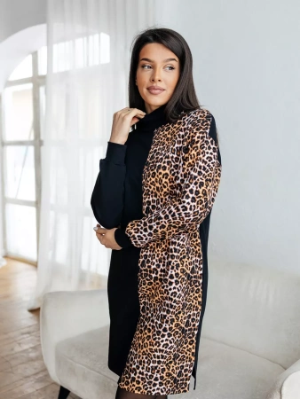 Трикотажное платье водолазка леопардовое футер теплое плф597
