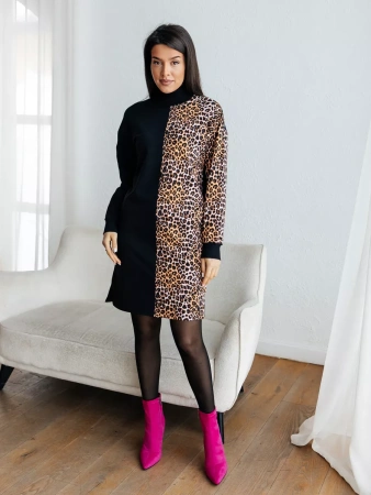 Трикотажное платье водолазка леопардовое футер теплое плф597