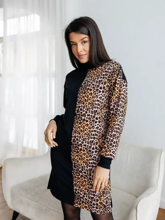 Трикотажное платье водолазка леопардовое футер теплое плф597