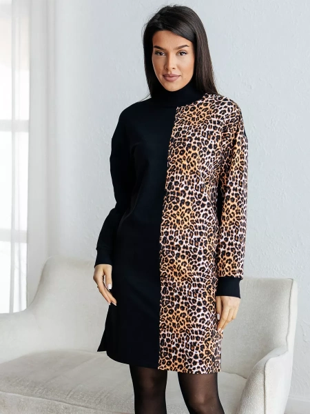 Трикотажное платье водолазка леопардовое футер теплое плф597