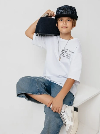 Футболка белая для мальчика оверсайз летняя с принтом