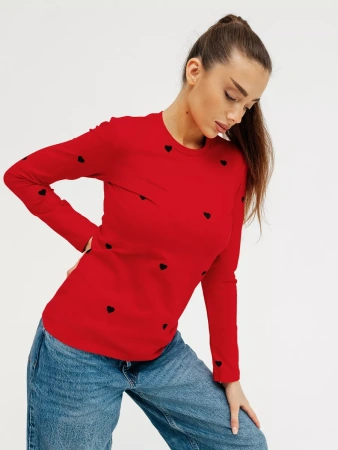 Лонгслив красный женский облегающий с сердечками дк571