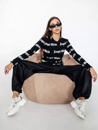 Лонгслив черный женский облегающий с надписью дк571