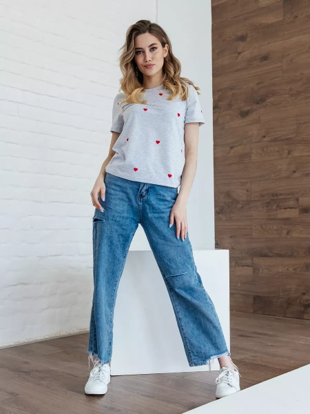 Футболка прямая с сердечками хлопок больших размеров ФК561