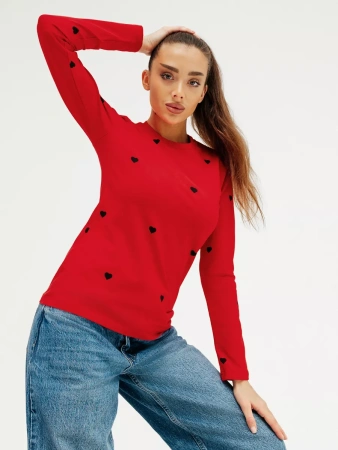 Лонгслив красный женский облегающий с сердечками дк571