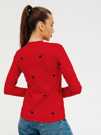 Лонгслив красный женский облегающий с сердечками дк571