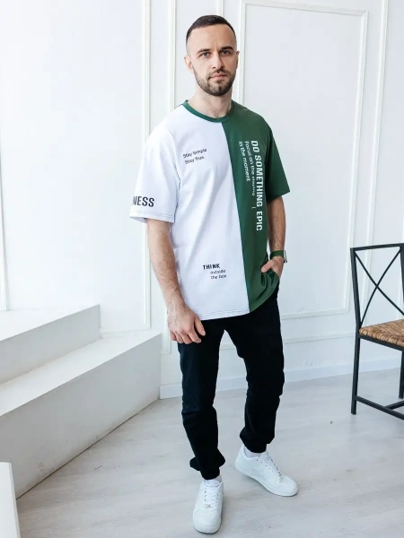 Футболка мужская двухцветная спортивная с принтом хлопок