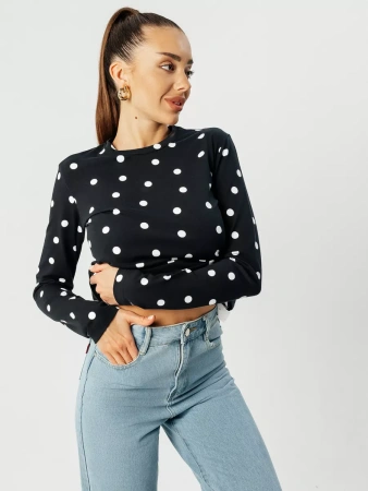 Лонгслив в горошек черный облегающий с принтом дк571