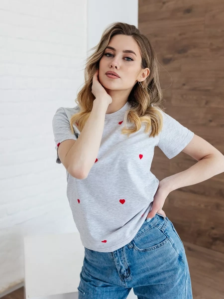Футболка прямая с сердечками хлопок больших размеров ФК561